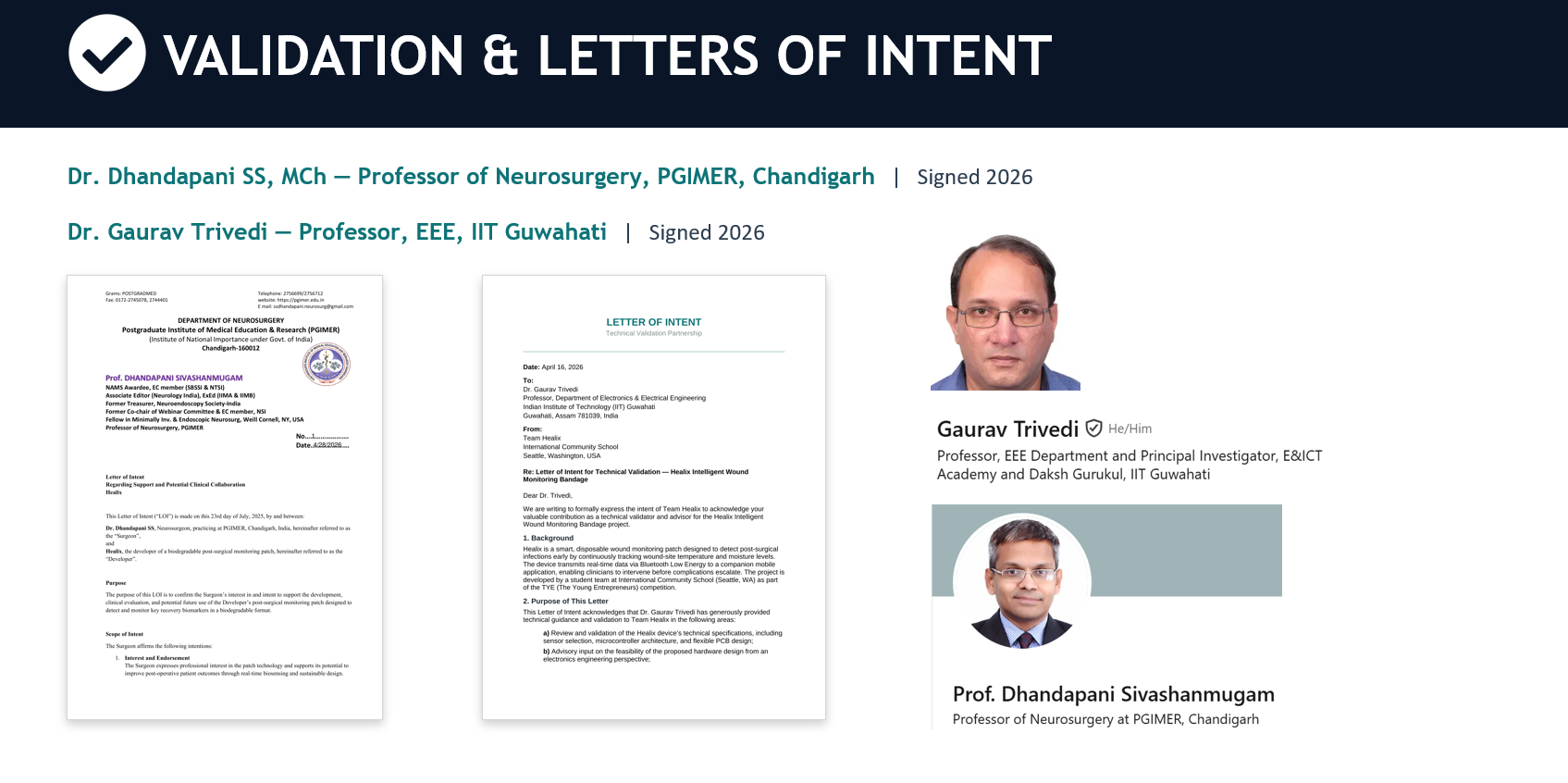Validation and letters of intent from Dr. Dhandapani SS (PGIMER Chandigarh) and Dr. Gaurav Trivedi (IIT Guwahati)